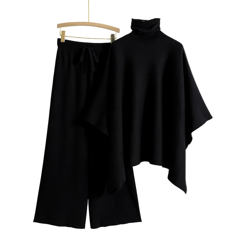 Turtleneck Cape Knitted Wide-leg Pants Elegant Outfit