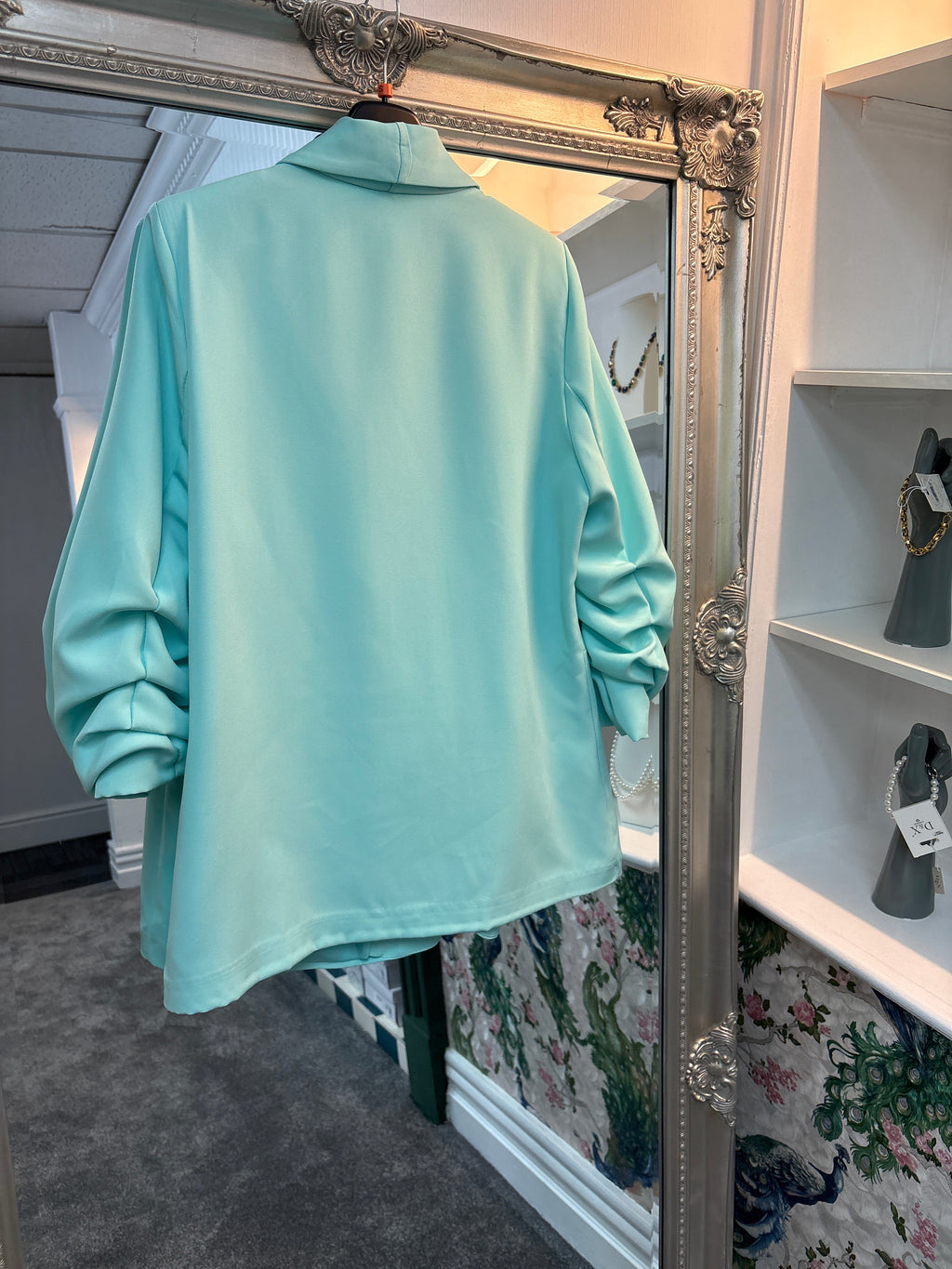 Turquoise Ruched Sleeve Blazer | Women’s Tailored Jacket