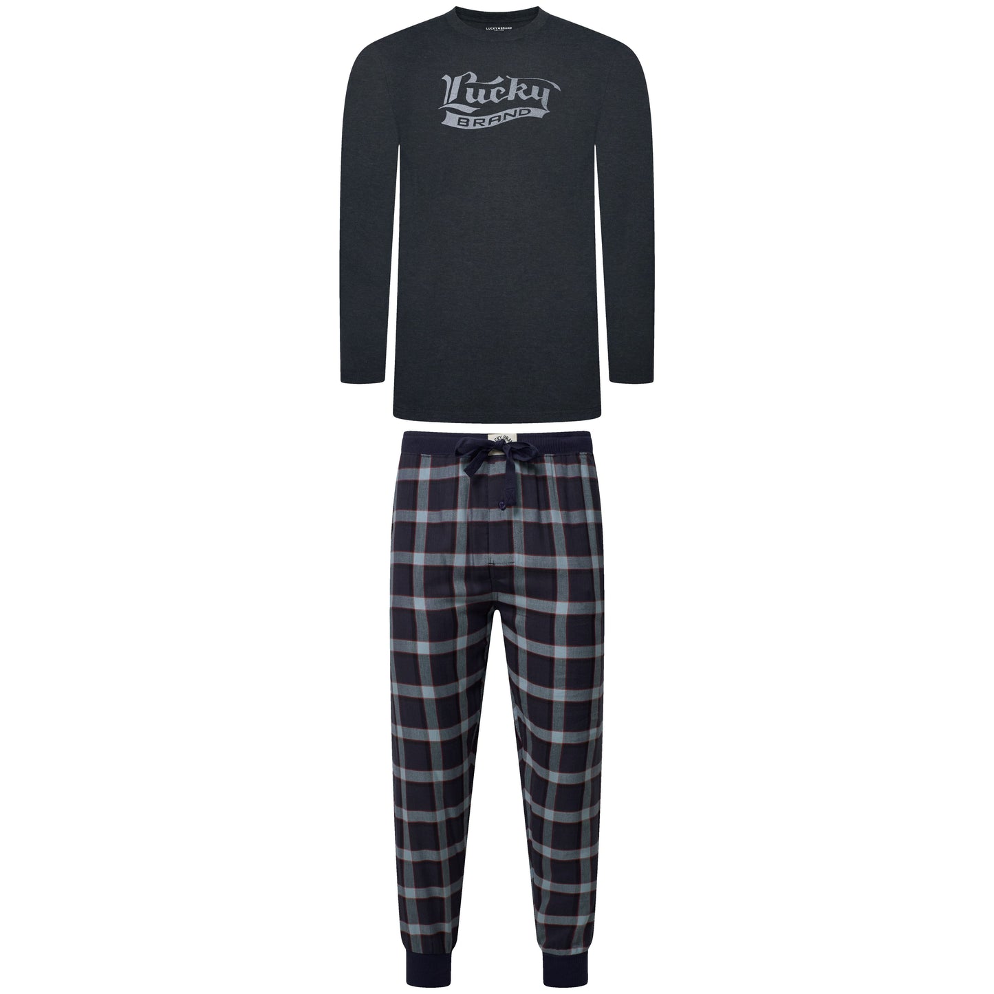 Lucky Brand Mens Pyjama Set Crew Neck Flannel Pants Cotton Lounge Sleepwear - QHA UK