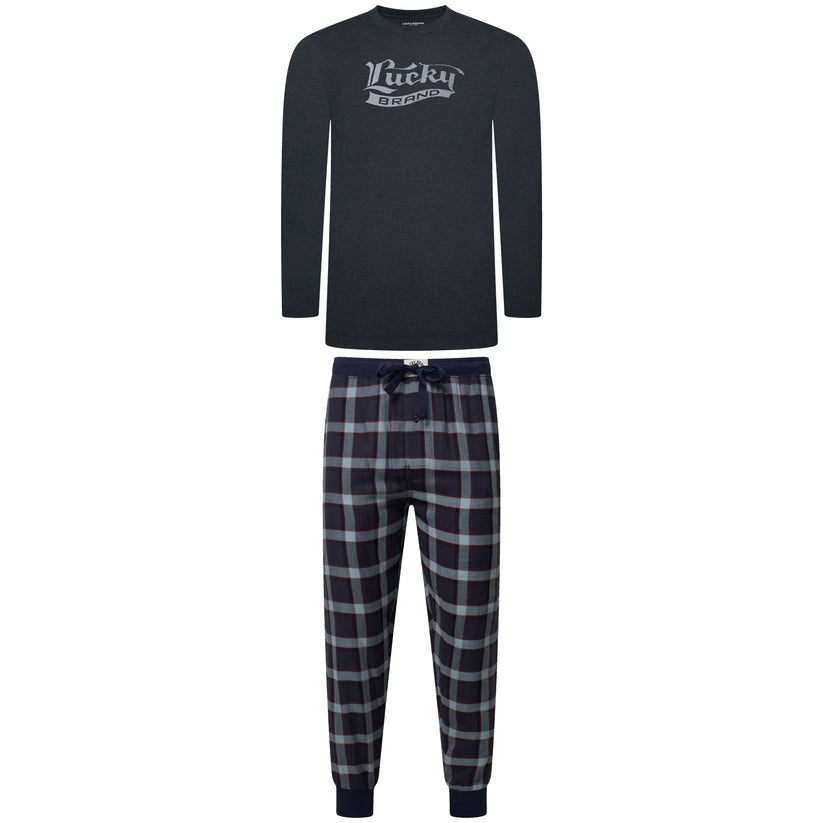 Lucky Brand Mens Pyjama Set Crew Neck Flannel Pants Cotton Lounge Sleepwear - QHA UK