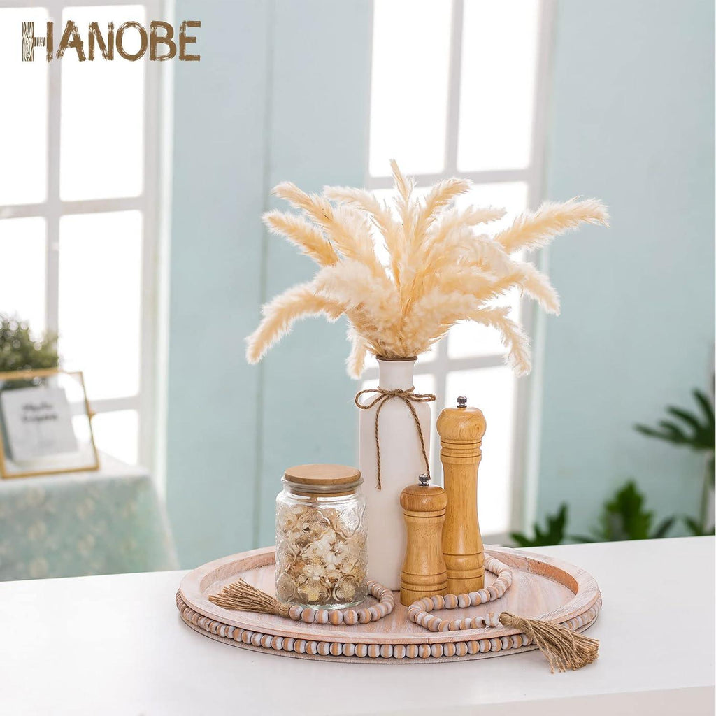 Round Decorative Wooden Tray 18 Inch Beaded Table Centerpiece HANOBE