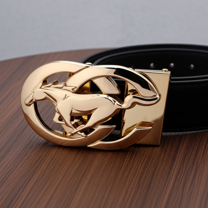 QHA Men's Ratchet Leather Belt – Running Horse Buckle, Holeless 35mm Q27