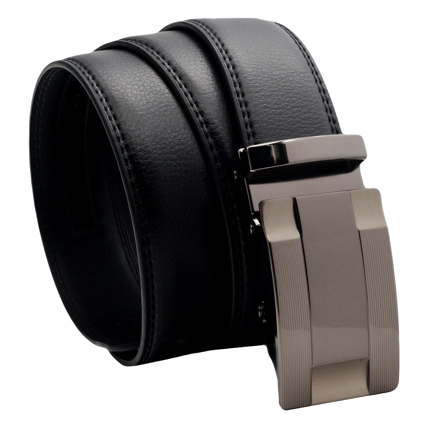 QHA Mens 35mm Ratchet Leather Belt, Triple Stripe Gunmetal Buckle Q5087