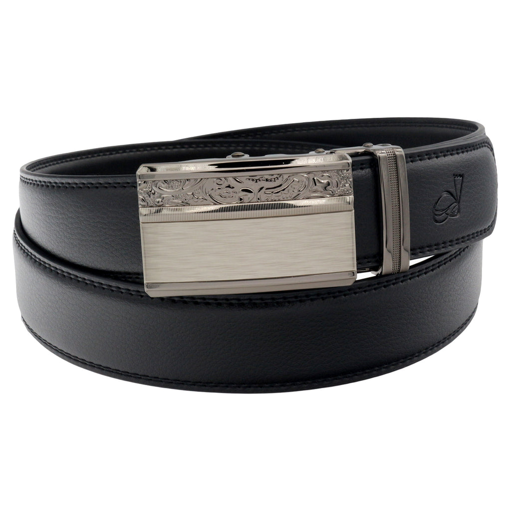 QHA Mens 35mm Ratchet Leather Belt, Gunmetal Carbon Fiber Buckle Q5088