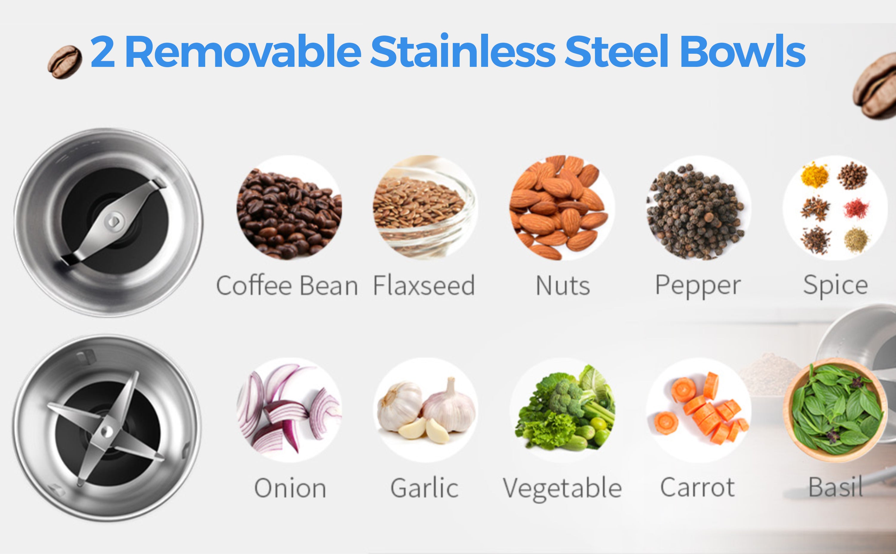 Electric Coffee and Spice Grinder 2 Bowls for Wet and Dry Grinding 70g COFFA