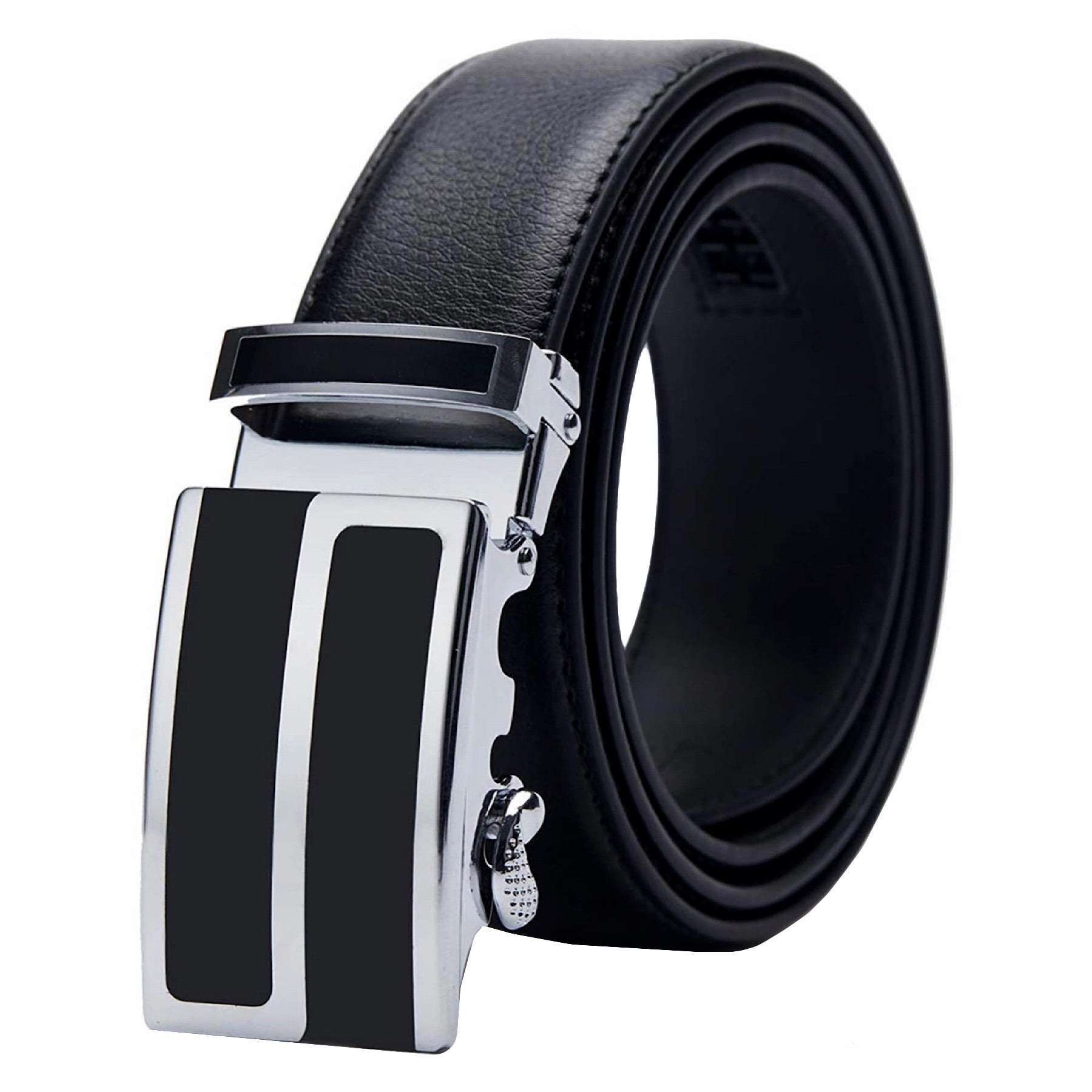 QHA Mens 35mm Ratchet Leather Belt, Silver Stripe Automatic Buckle Q5089