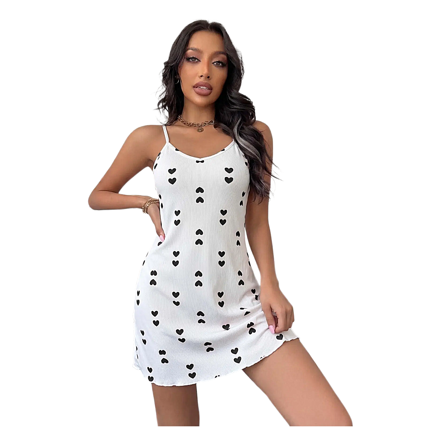 Womens Heart Print Camisole Nightdress Summer Strappy Sleepwear