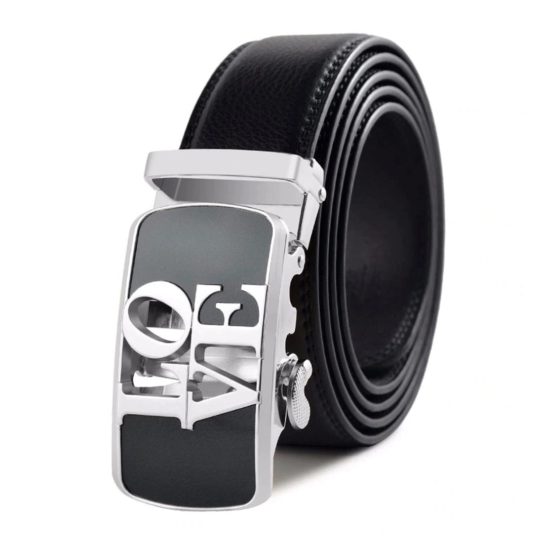 QHA Womens 35mm Ratchet Split Leather Belt, "LOVE" Buckle Q61