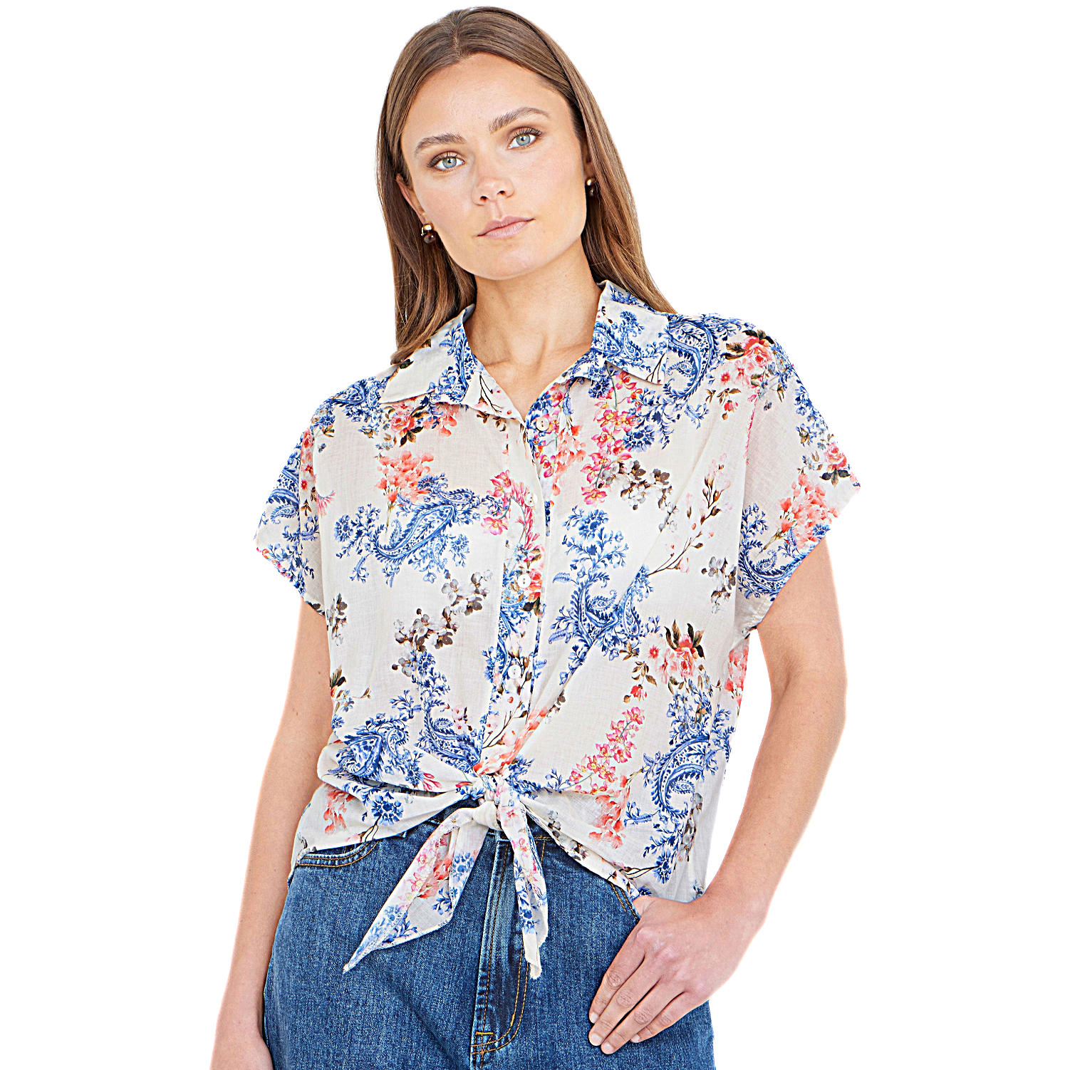 Womens Cotton Paisley Print Tie Front Shirt Short Sleeve Summer Blouse - QHA UK