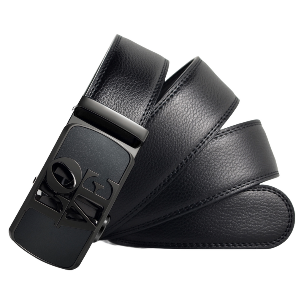 QHA Womens 35mm Ratchet Split Leather Belt, "LOVE" Buckle Q61