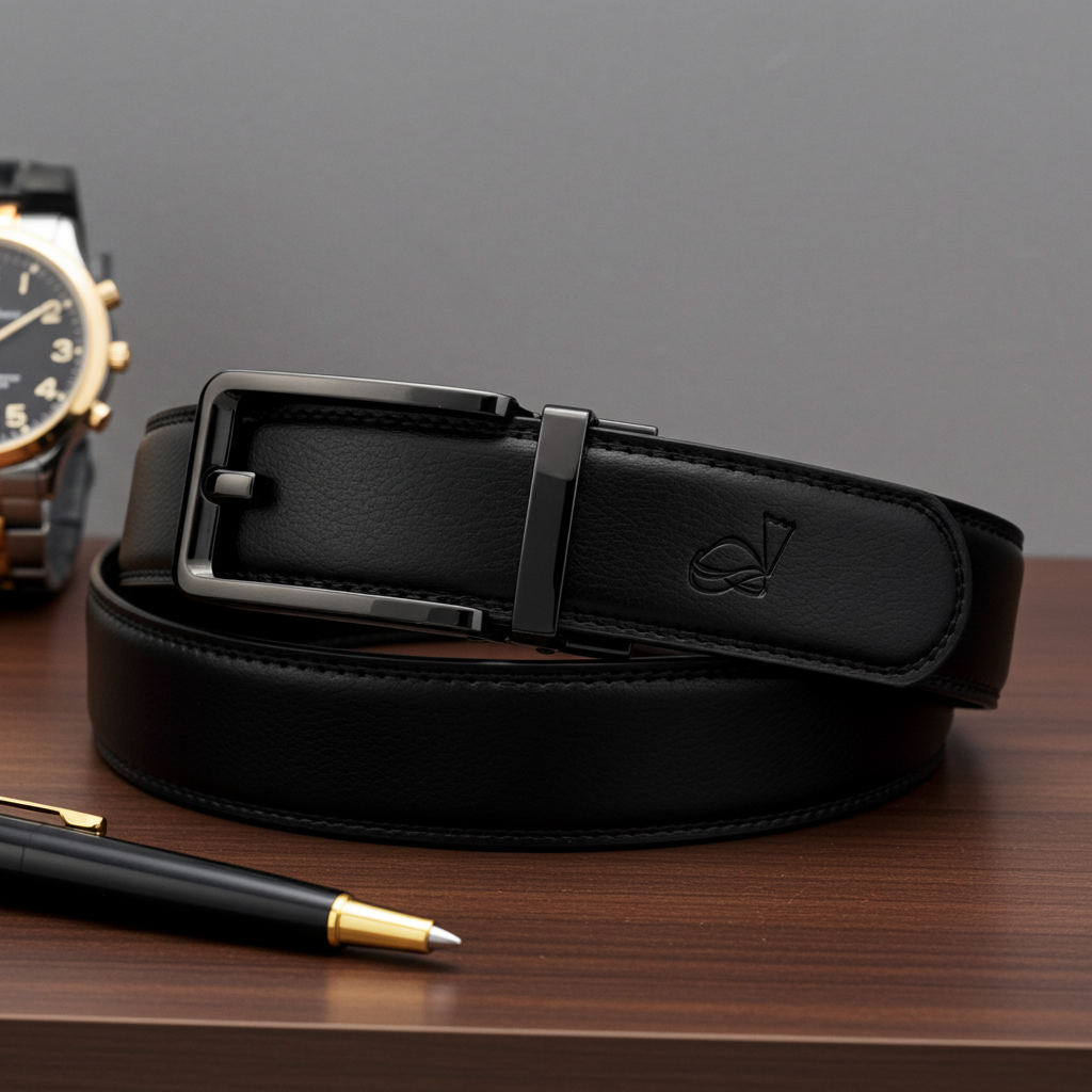 QHA Mens 35mm Ratchet Leather Belt, Silver, Gunmetal, Black Automatic Buckle Q35