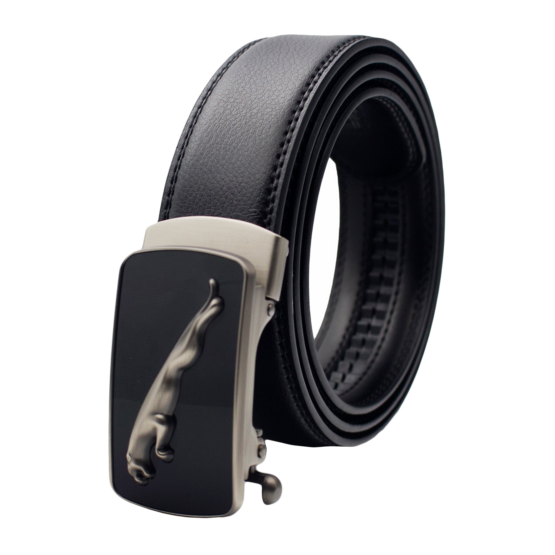 QHA Mens 35mm Ratchet Leather Belt, Matte Silver Jaguar Automatic Buckle Q65