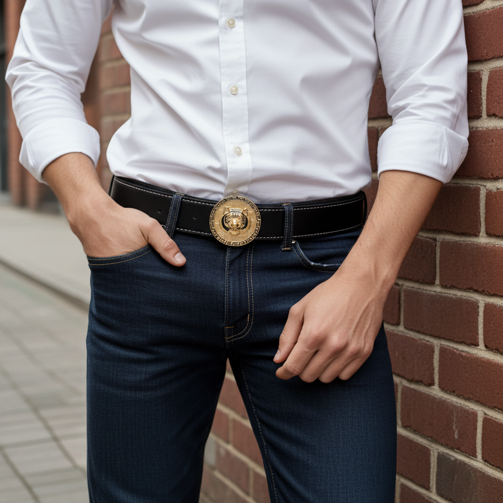 QHA Mens 38mm Leather Belt for Jeans, Tiger Head Statement Buckle Q36