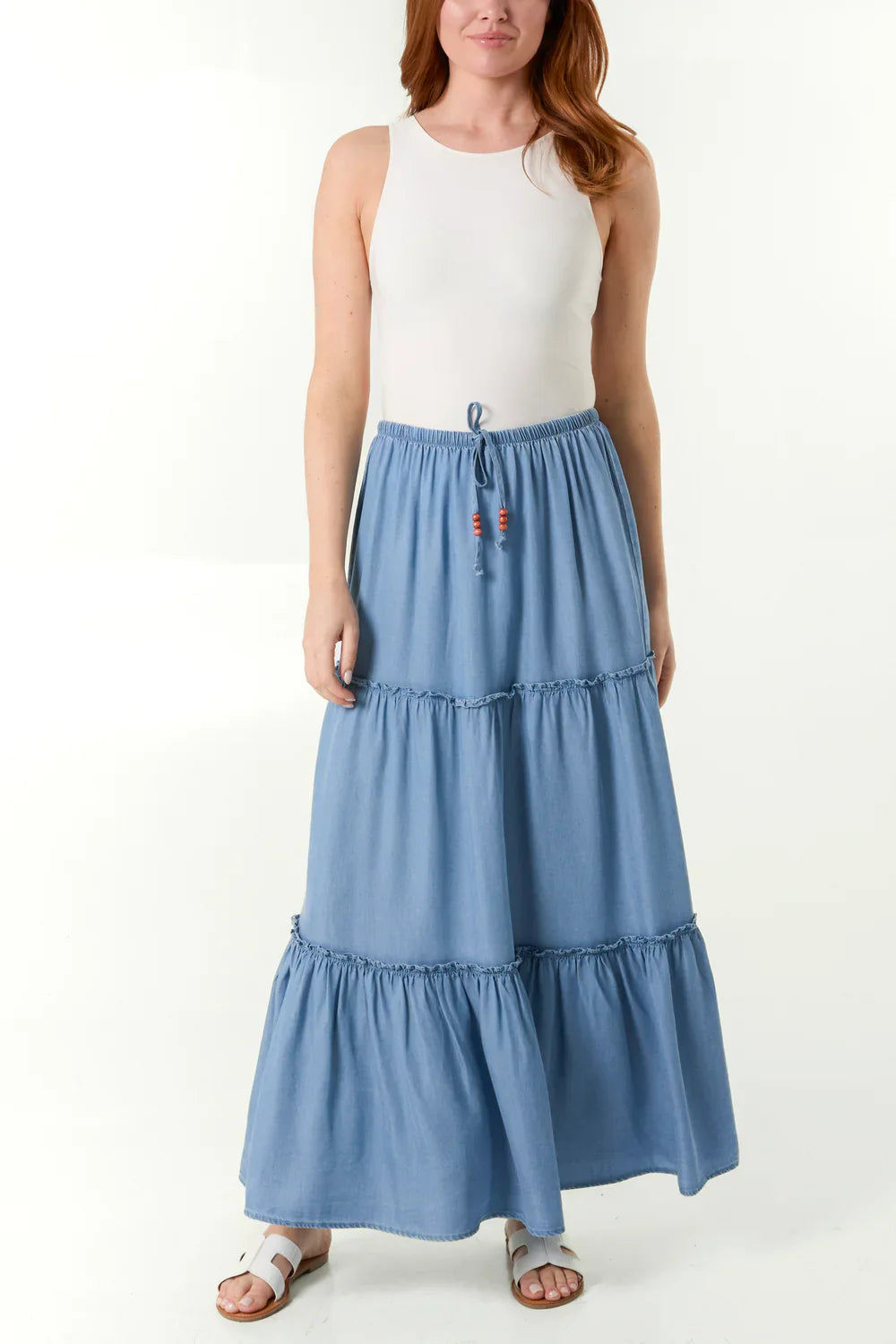 Women’s Tiered Denim Look Skirt | Lightweight Viscose | Sizes S/M & M/L