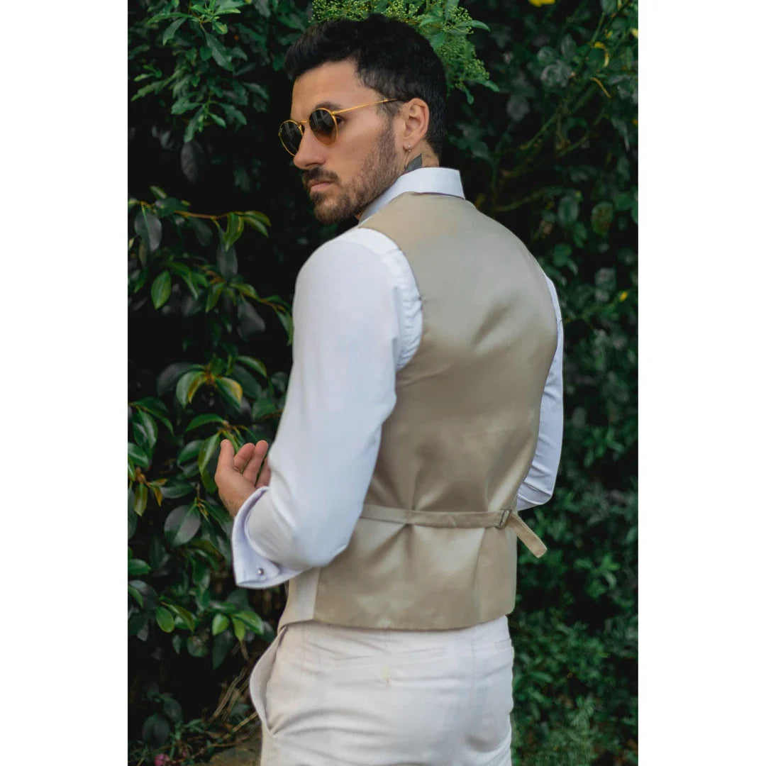 TruClothing Men's Linen 2 Piece Suit Waistcoat Trousers Cream Wedding