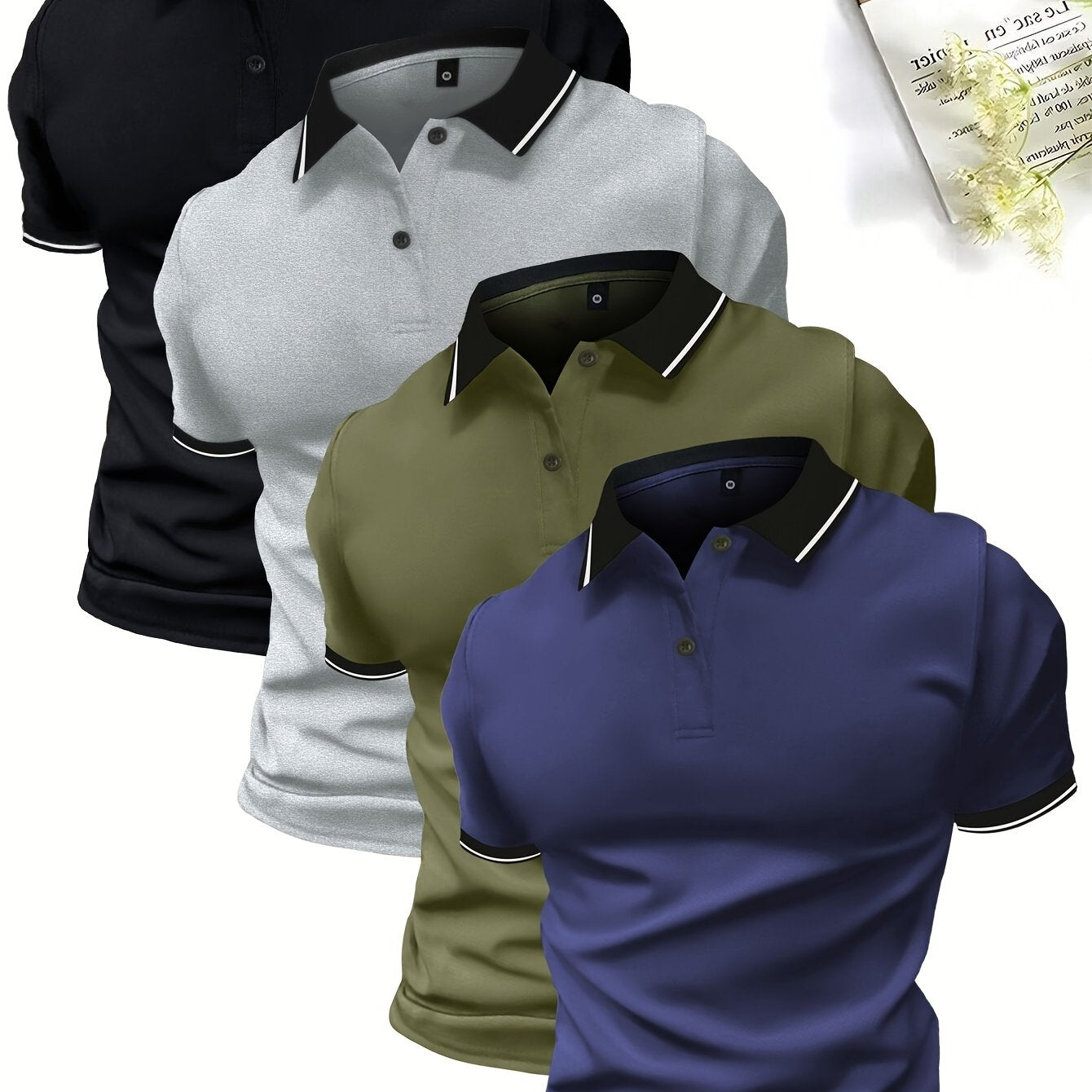 4-Pack Men's Summer Polo Shirts, Solid Color Short Sleeve, Regular Fit, Knit Stretch, Casual Sportswear Tops