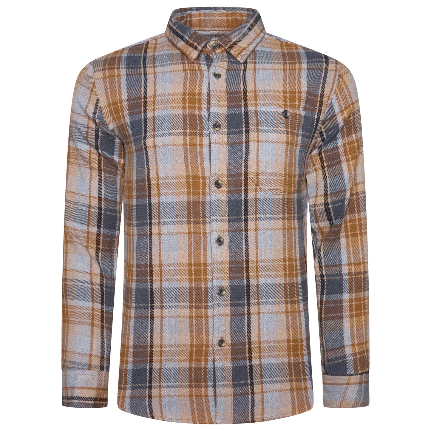 A men's long-sleeve plaid button-up shirt in a tan, brown, and slate blue pattern, shown against a plain white background.