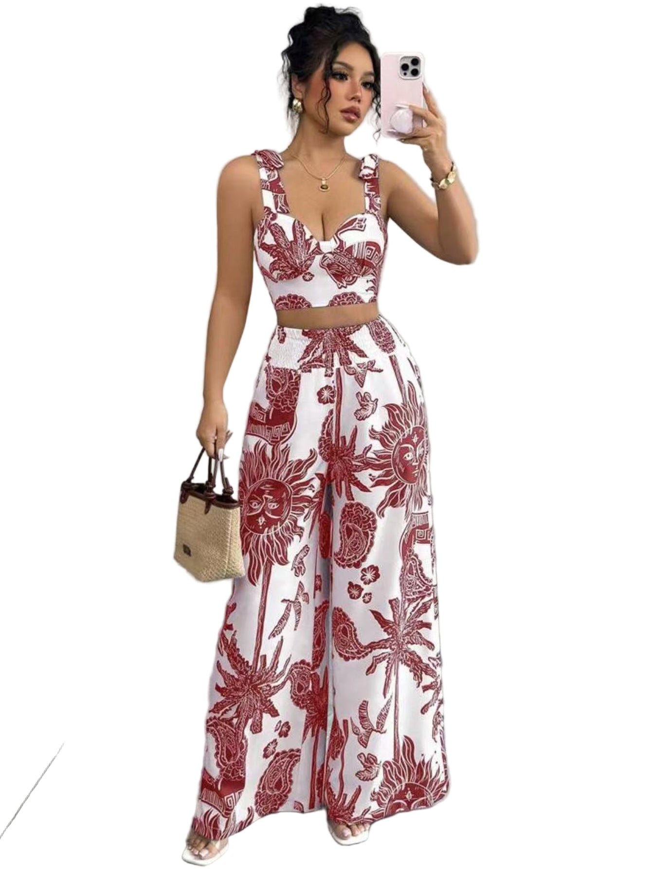 Sexy V-neck Strap Vest Loose Wide Leg Pants