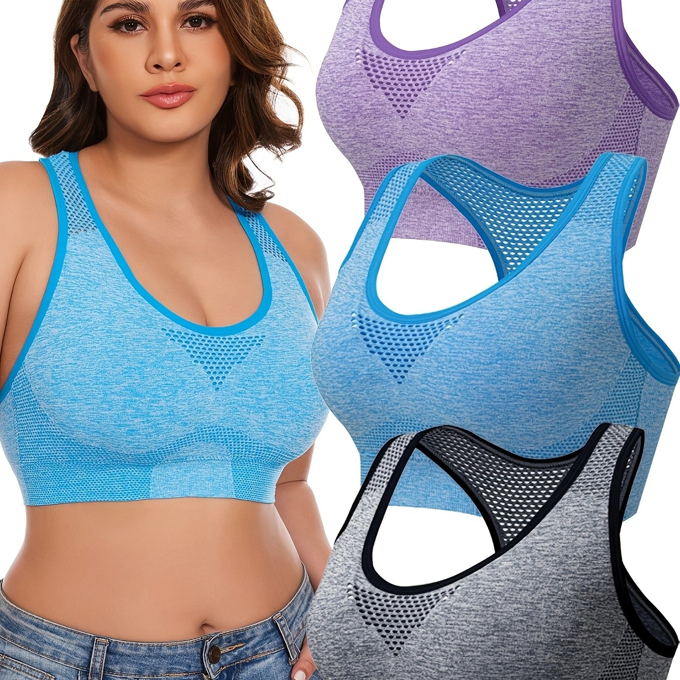 3pcs Plus Size Sports Bras Low Support, Polyamide Blend, Hollow Mesh Design - Casual Wear for Women's Activewear