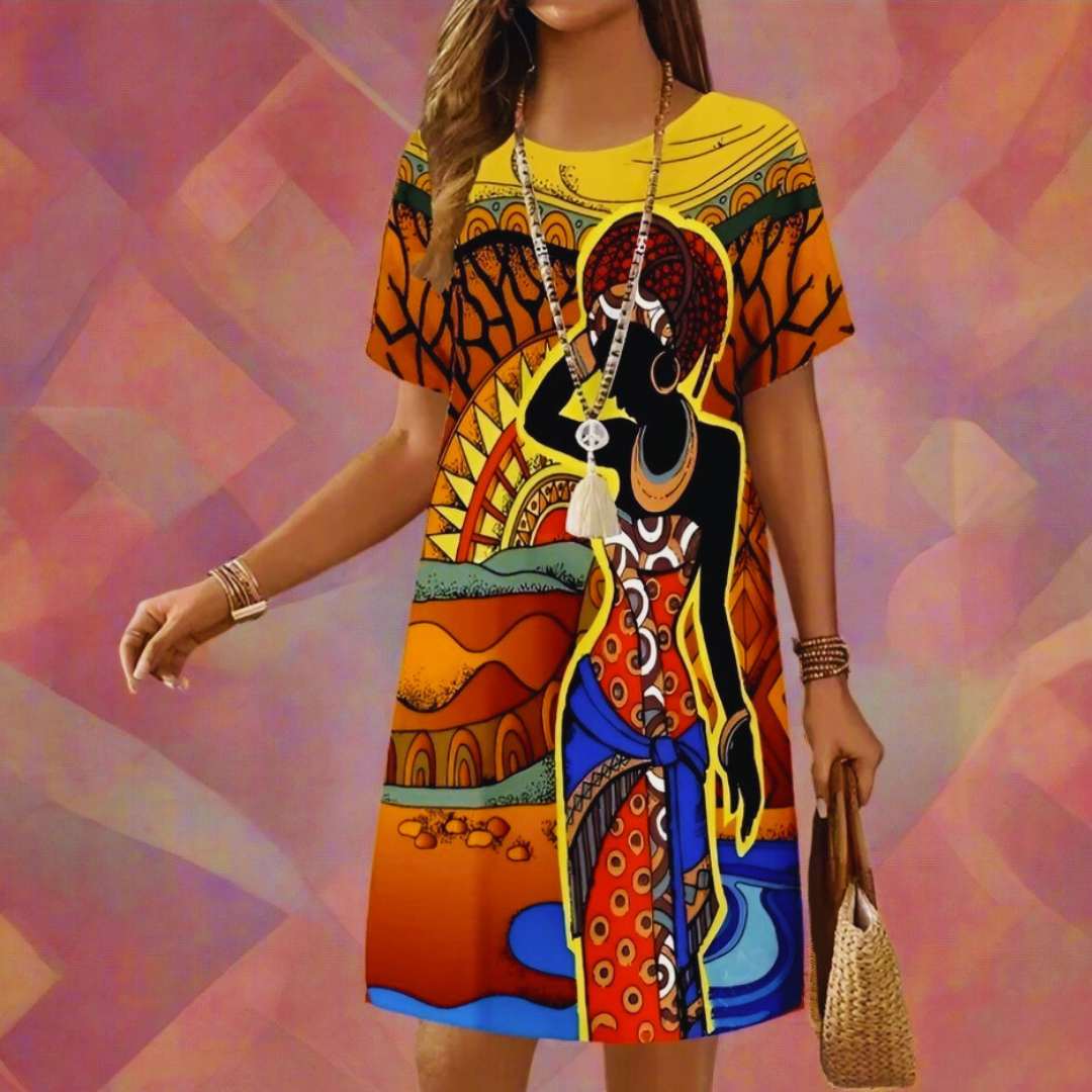 Plus Size African Print Mini Dresses – Colourful Ethnic O-Neck Summer Dresses for Women