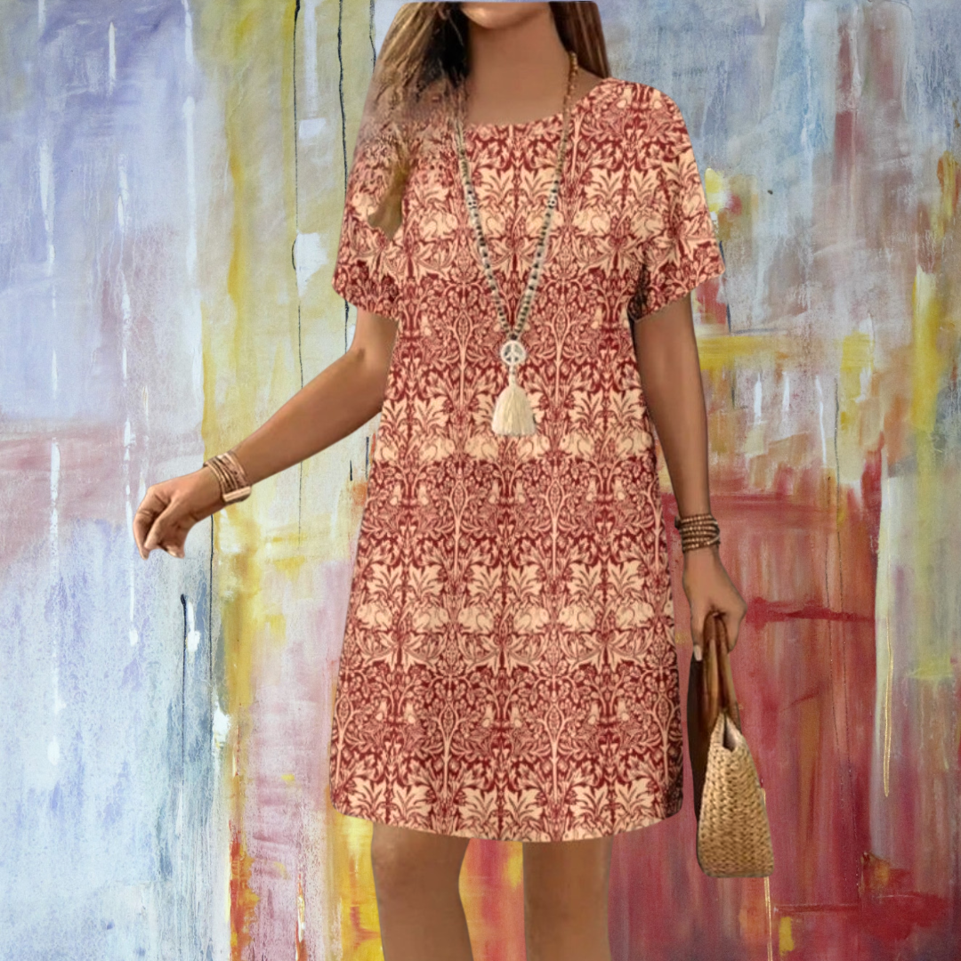 Boho 3D Flower & Feather Print Dress – Women's Loose Fit Summer Mini Dress with Short Sleeves