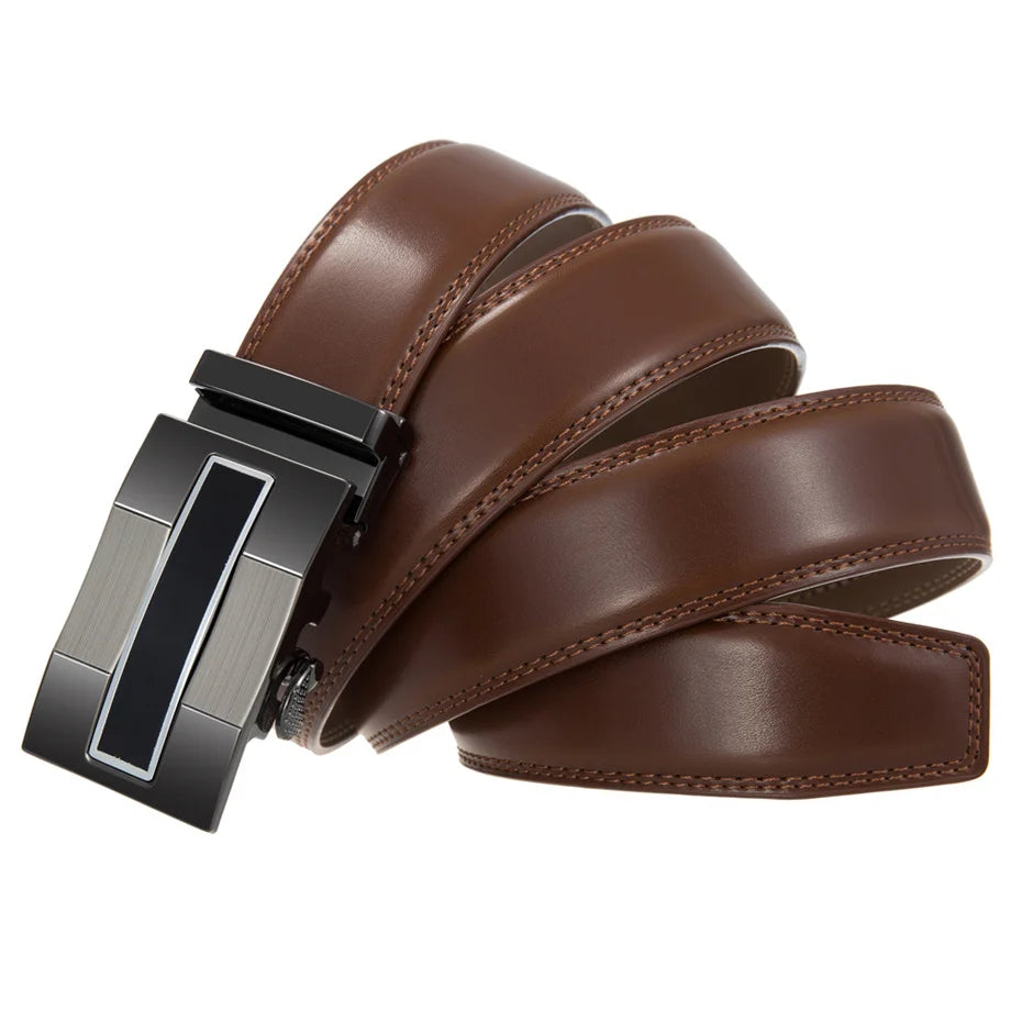 QHA Mens 35mm Ratchet Leather Belt, Gunmetal Vertical Inlay Automatic Buckle Q68