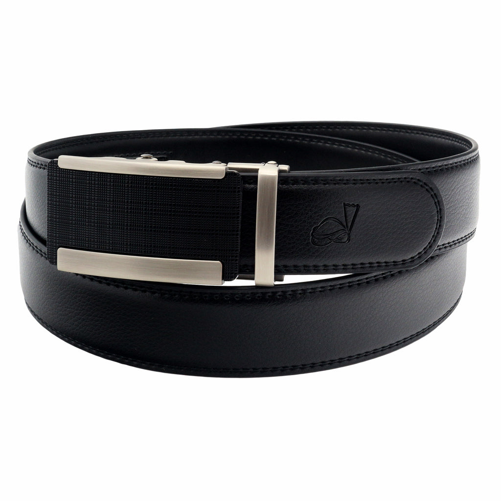 QHA Mens 35mm Ratchet Leather Belt, Gunmetal Diagonal Stripe Buckle Q38