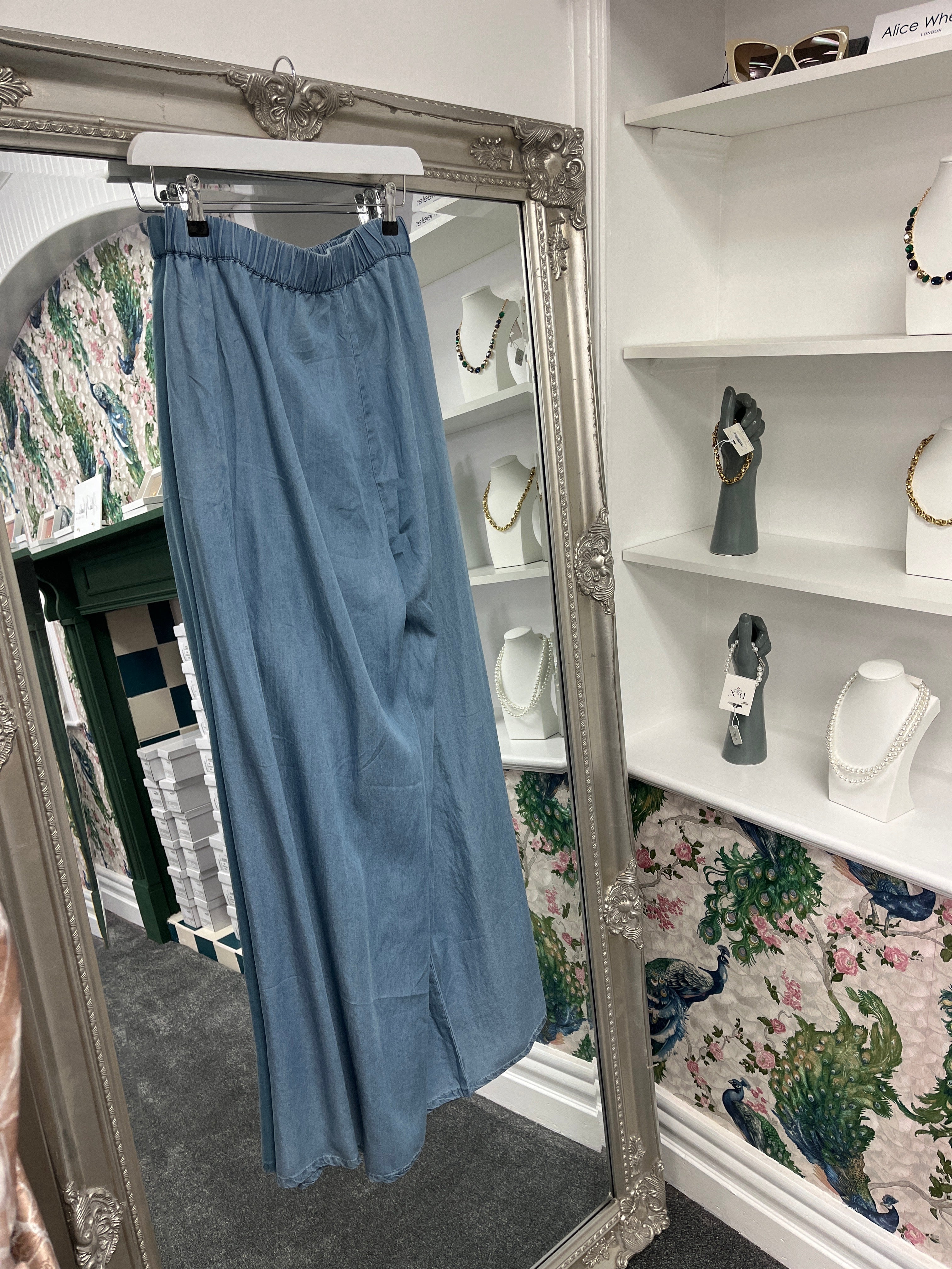 Mid Denim Wide Leg Tencel Trousers – Lightweight Casual Pants