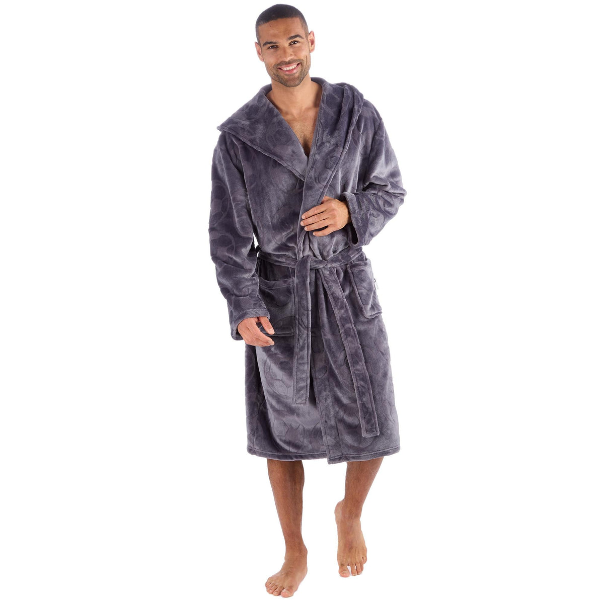 Men's Grey Football Pattern Fleece Hooded Dressing Gown with Front Pockets