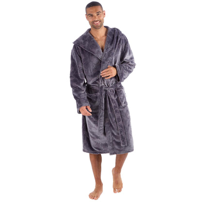 Men's Grey Football Pattern Fleece Hooded Dressing Gown with Front Pockets