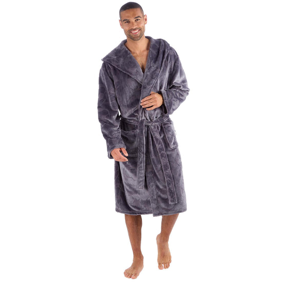 Men's Grey Football Pattern Fleece Hooded Dressing Gown with Front Pockets