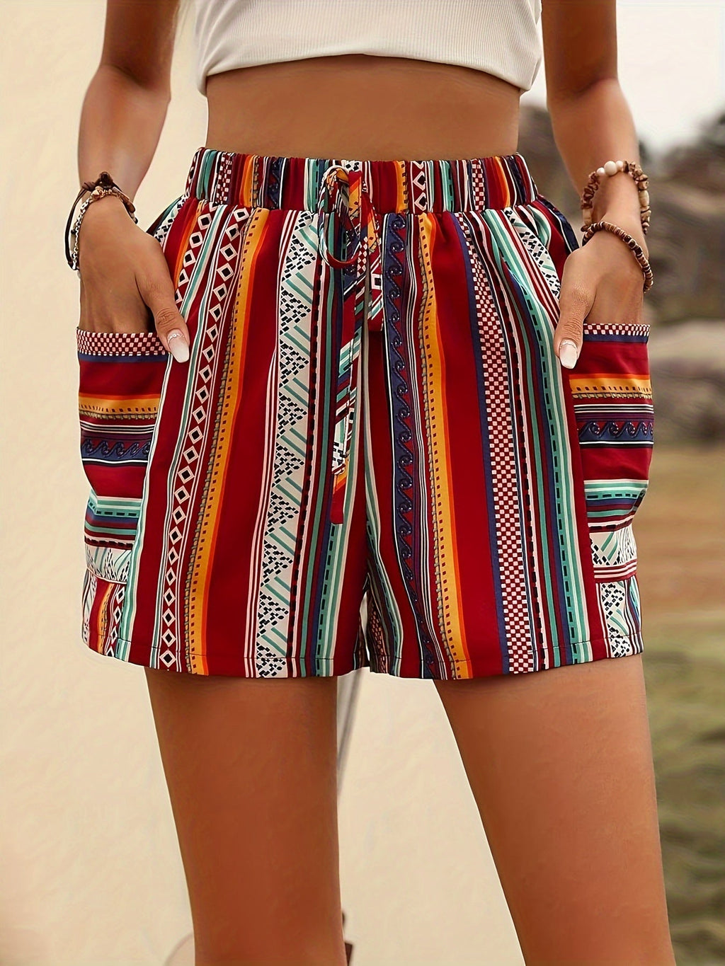Bohemian High-Waisted Women's Shorts, 100% Polyester Woven Fabric, Summer Striped Pattern with Pockets, Casual Printed Shorts for Ladies