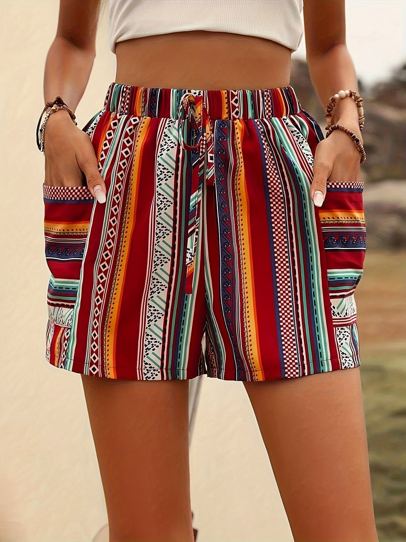 Bohemian High-Waisted Women's Shorts, 100% Polyester Woven Fabric, Summer Striped Pattern with Pockets, Casual Printed Shorts for Ladies