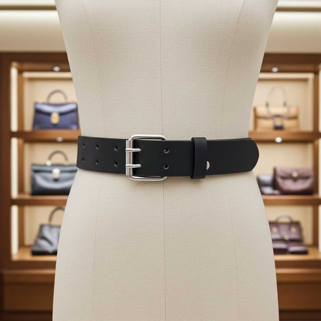 QHA Mens Full Grain Leather Double Pin Buckle Belt for Jeans, Q17