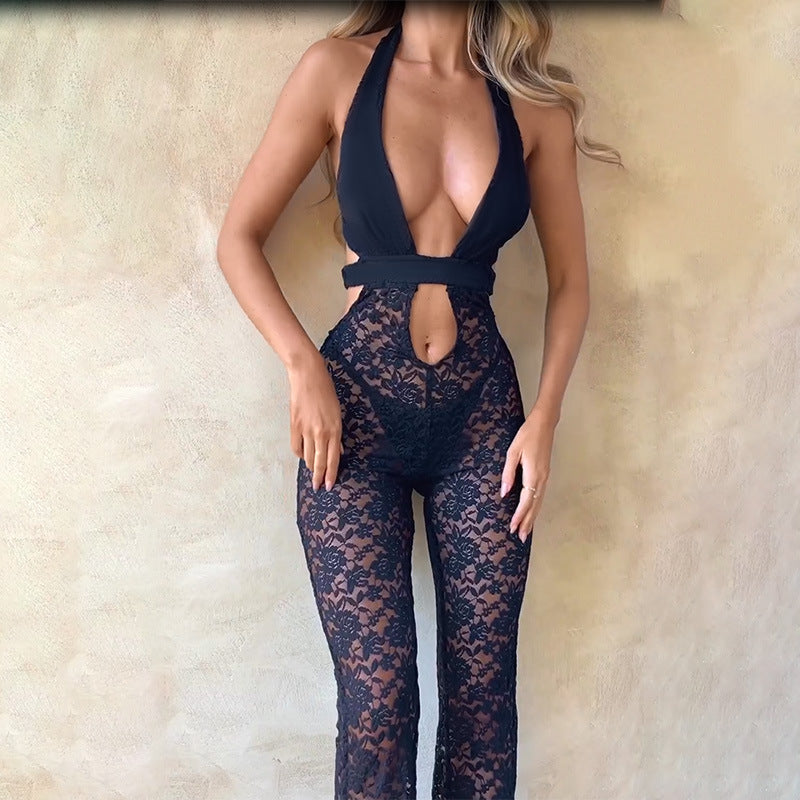 Women's halter sexy Spice cutout lace slim-fit flared jumpsuit pants