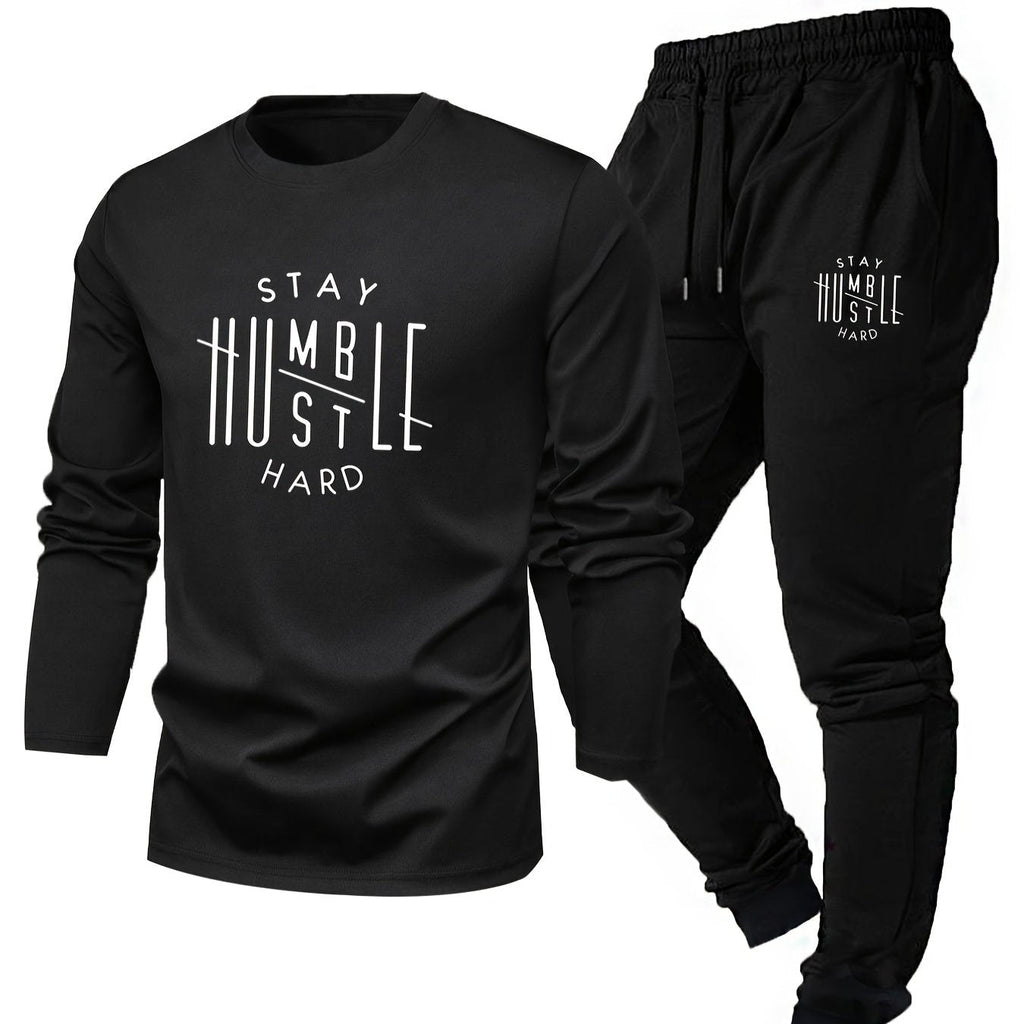 Men’s “STAY HUSTLE HARD” Long Sleeve T-Shirt & Jogger Set – 2-Piece Casual Outfit with Bold Print, Stretch Fabric, and Elastic Waistband for Spring/Fall