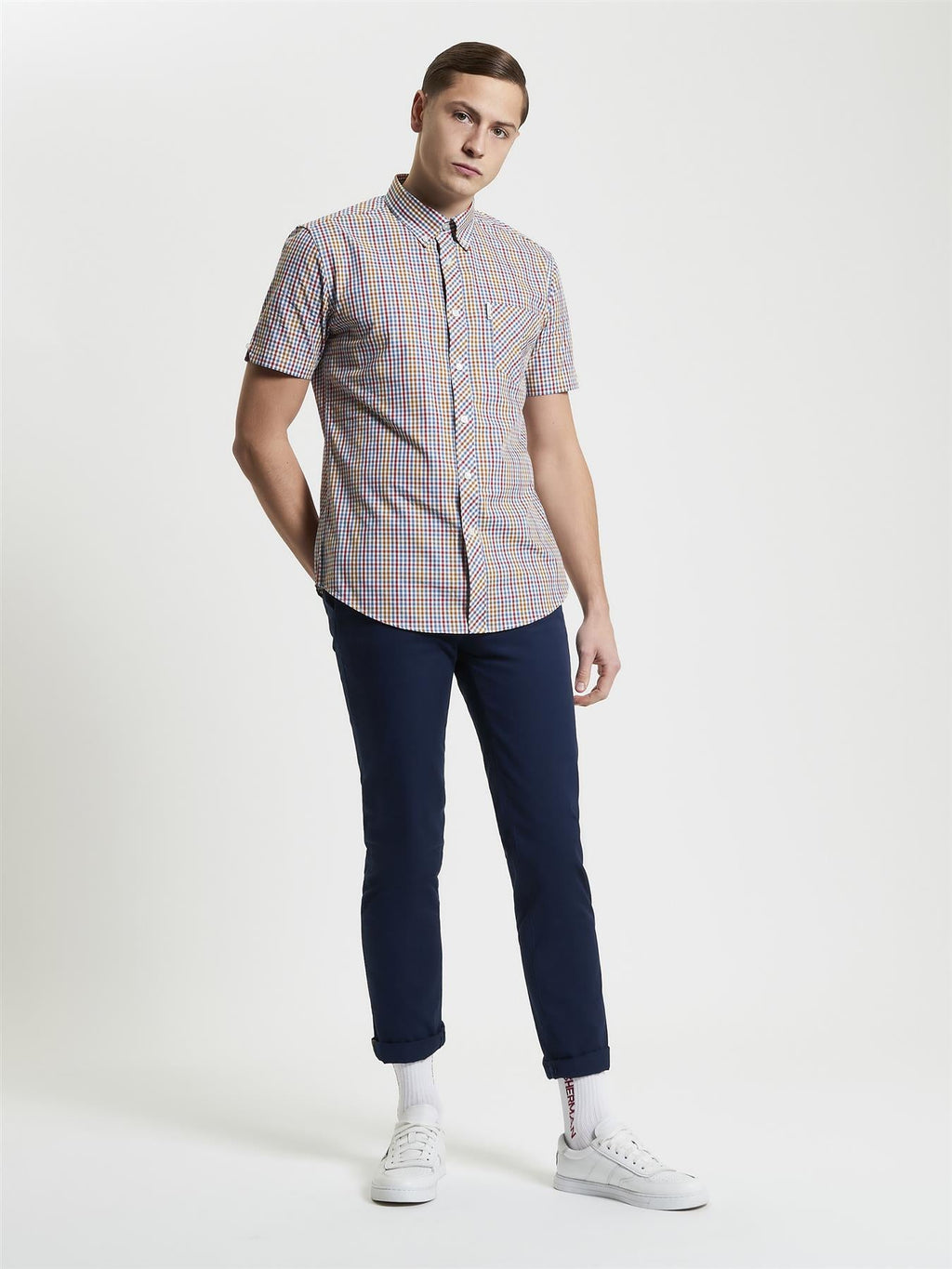 Ben Sherman Mini Gingham Short Sleeve Shirt For Men in Snow White, 2XL-5XL