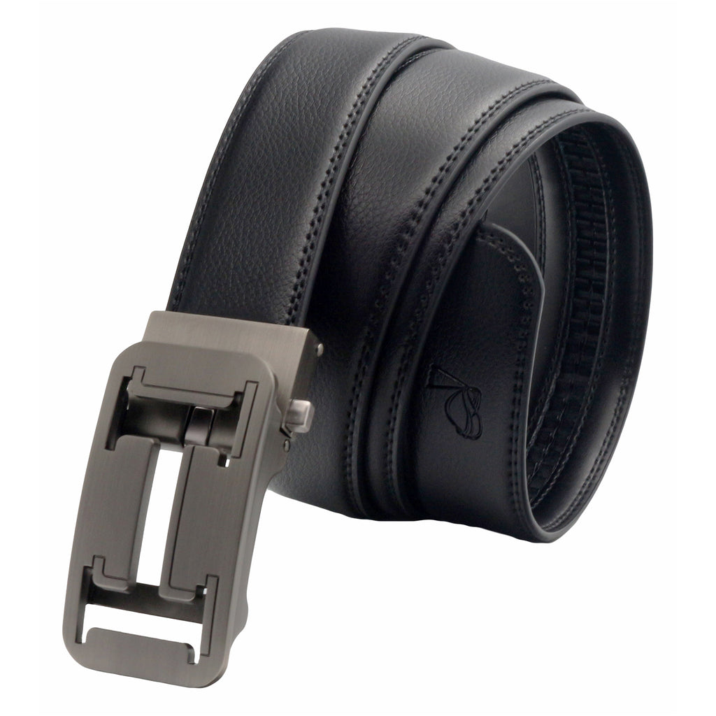 QHA Mens 35mm Ratchet Leather Belt, Geometric Cutout Automatic Buckle Q32
