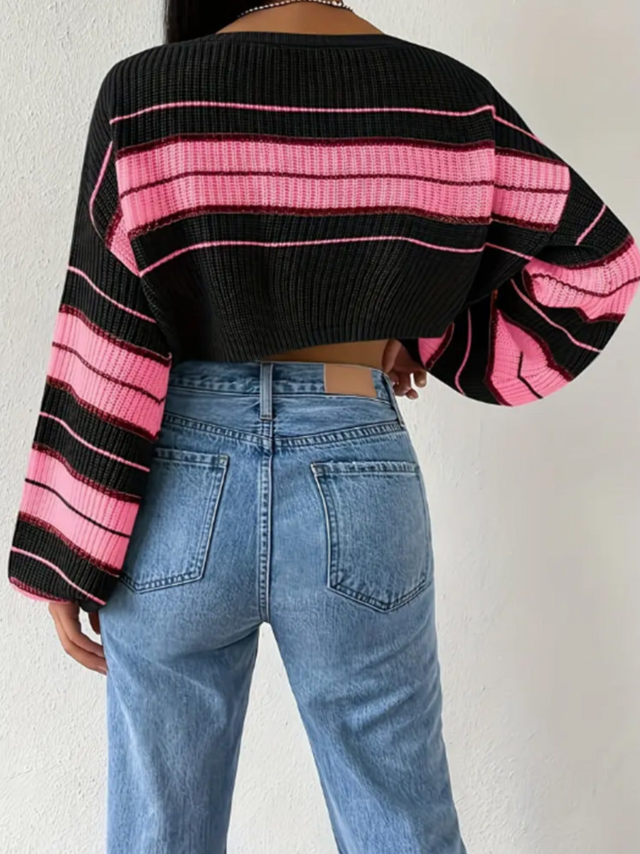 Knitted Contrast Color Striped Loose All-match Long Sleeve