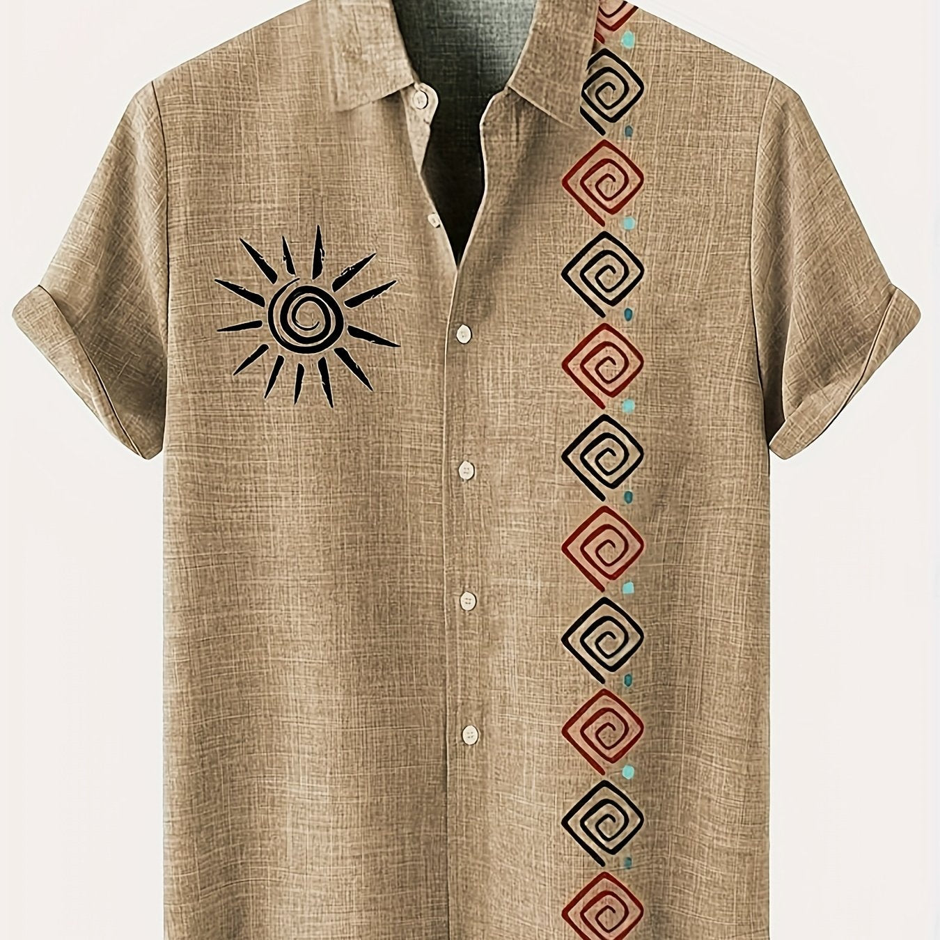 Men's Lightweight Short-Sleeve Linen-Look Shirt with Tribal Geometric Pattern