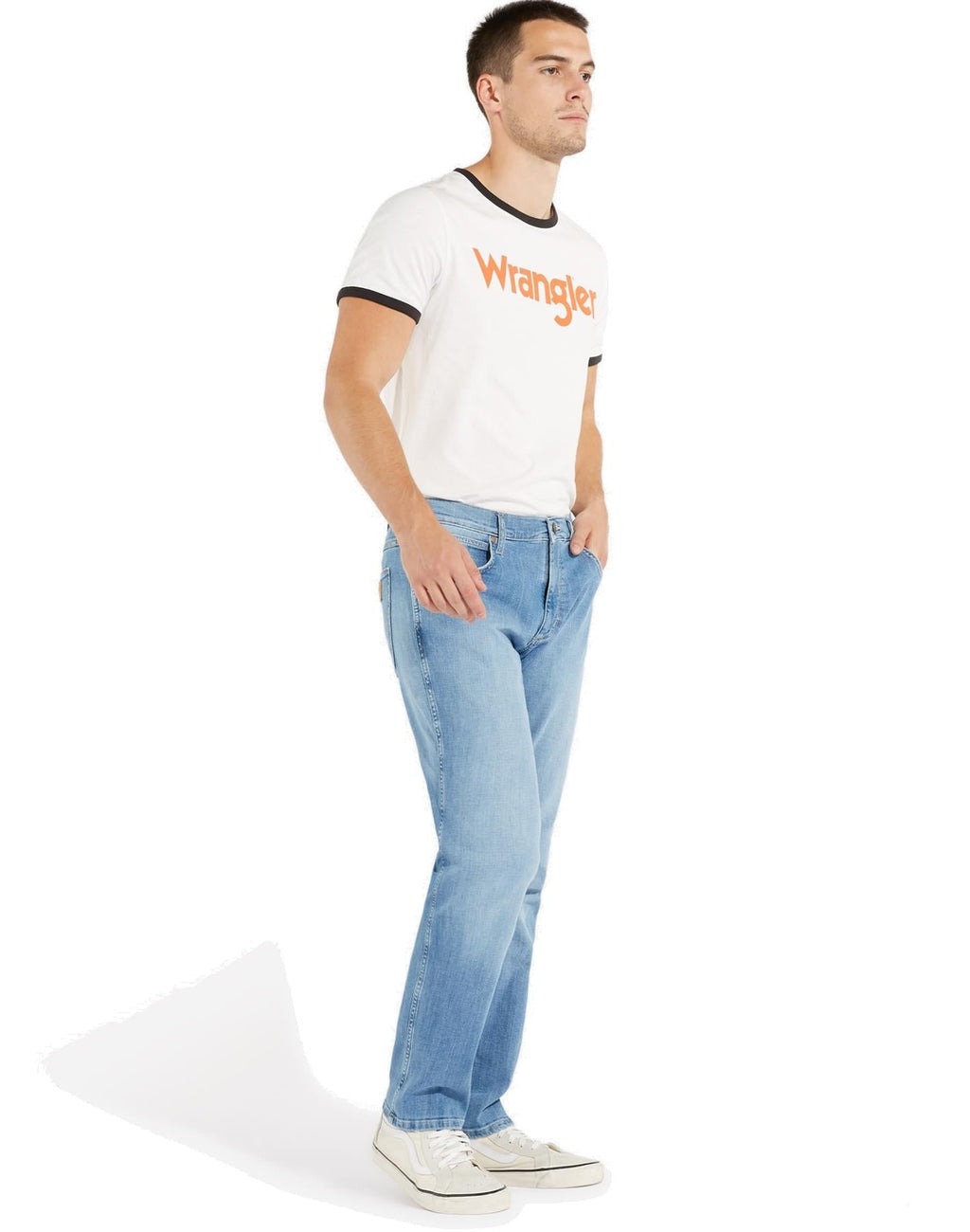 Wrangler Mens Greenboro Stretch Straight Leg An Upbeat Stonewash Blue Jeans (Sky)