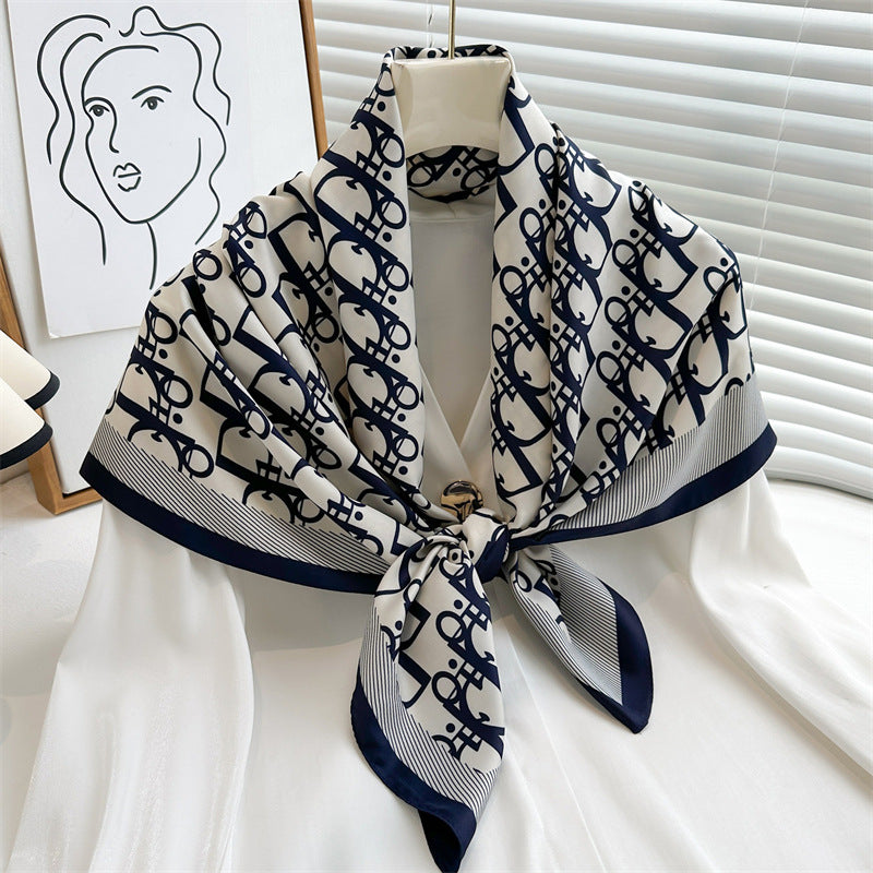 Women's Premium Twill Silk Scarf, Large Printed 90/90cm Striped Square Scarf