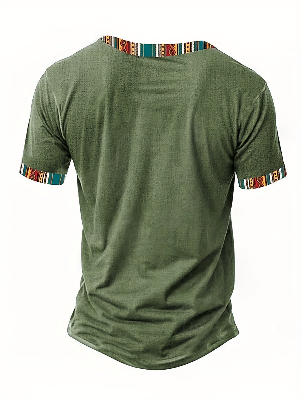 Men's Stylish Green Henley Shirt with Vibrant Tribal Pattern - Casual Short Sleeve V-Neck Tee for Summer, Polyester Knit Fabric, Casual V-neck Shirt