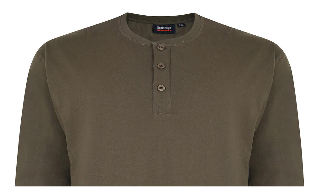 Espionage Men's Big Size Pure Cotton Long Sleeve Grandad Tee Shirts (310) 2XL-8XL, 3 Colours