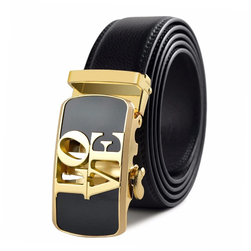 QHA Womens 35mm Ratchet Split Leather Belt, "LOVE" Buckle Q61