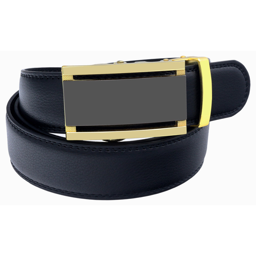 QHA Mens 35mm Ratchet Leather Belt, Black Geometric Automatic Buckle Q5084