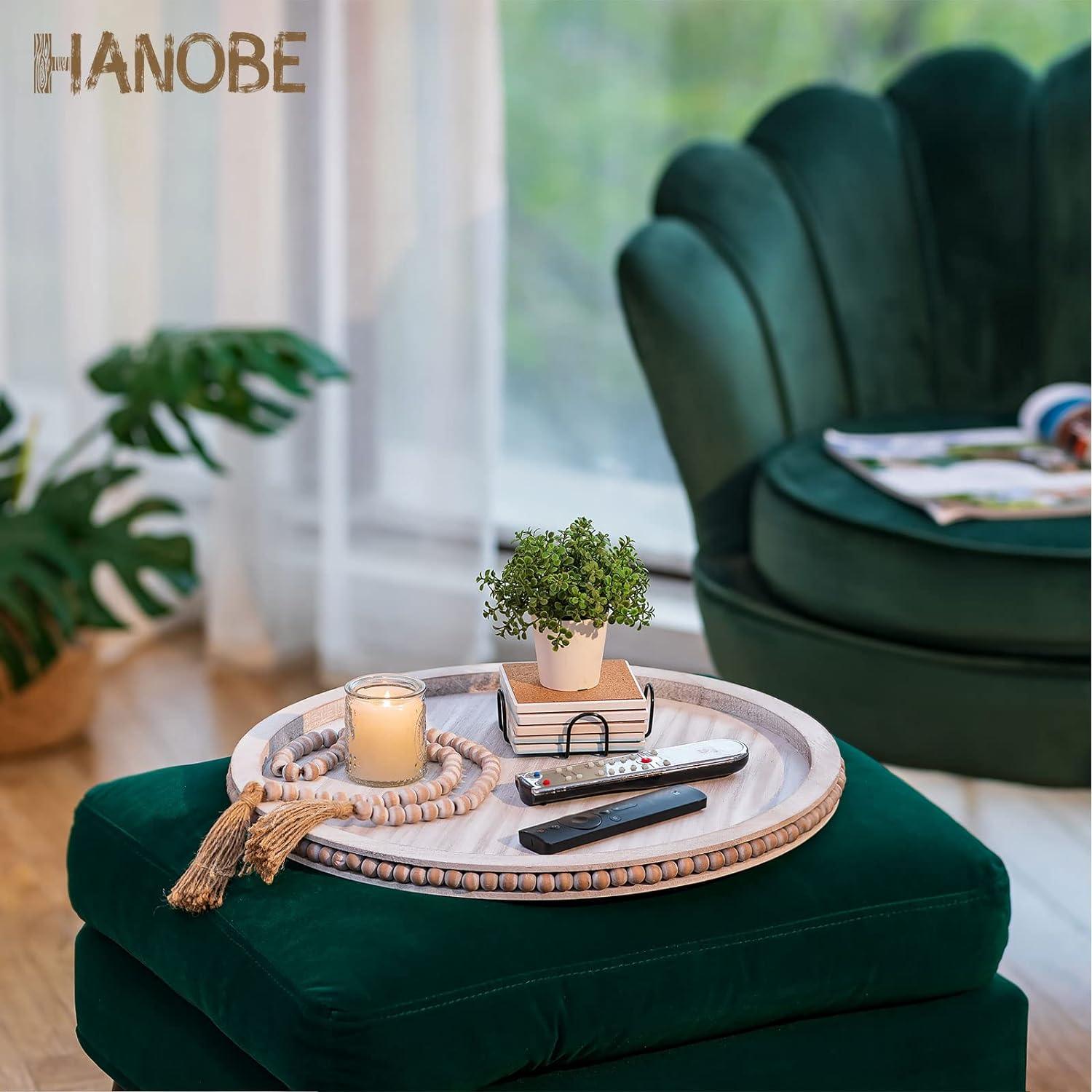 Round Decorative Wooden Tray 18 Inch Beaded Table Centerpiece HANOBE