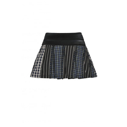Dark in Love Sage Tartan Patchwork Leather-Waist Pleated Mini Skirt - Size UK 16 Left Only!
