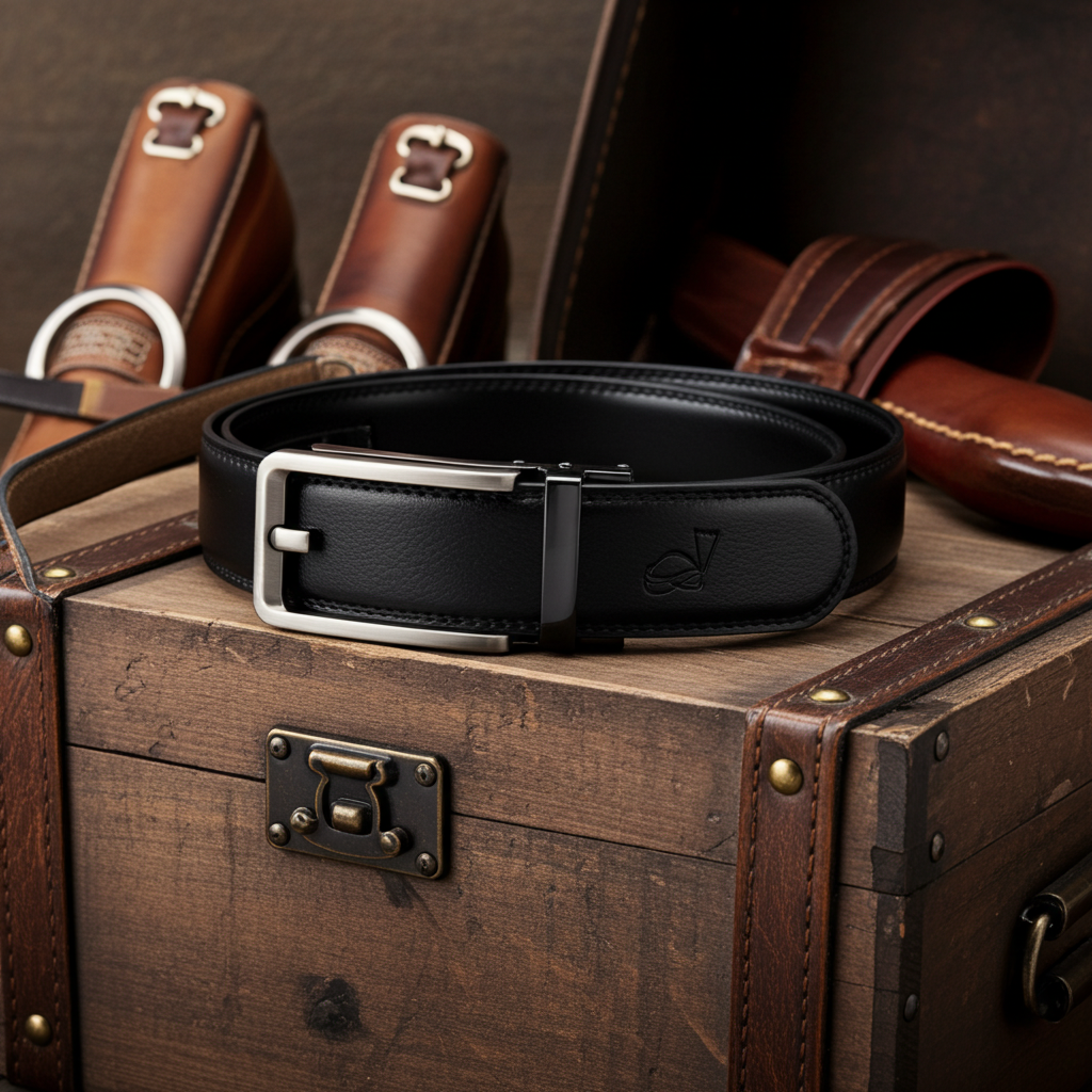 QHA Mens 35mm Ratchet Leather Belt, Silver, Gunmetal, Black Automatic Buckle Q35