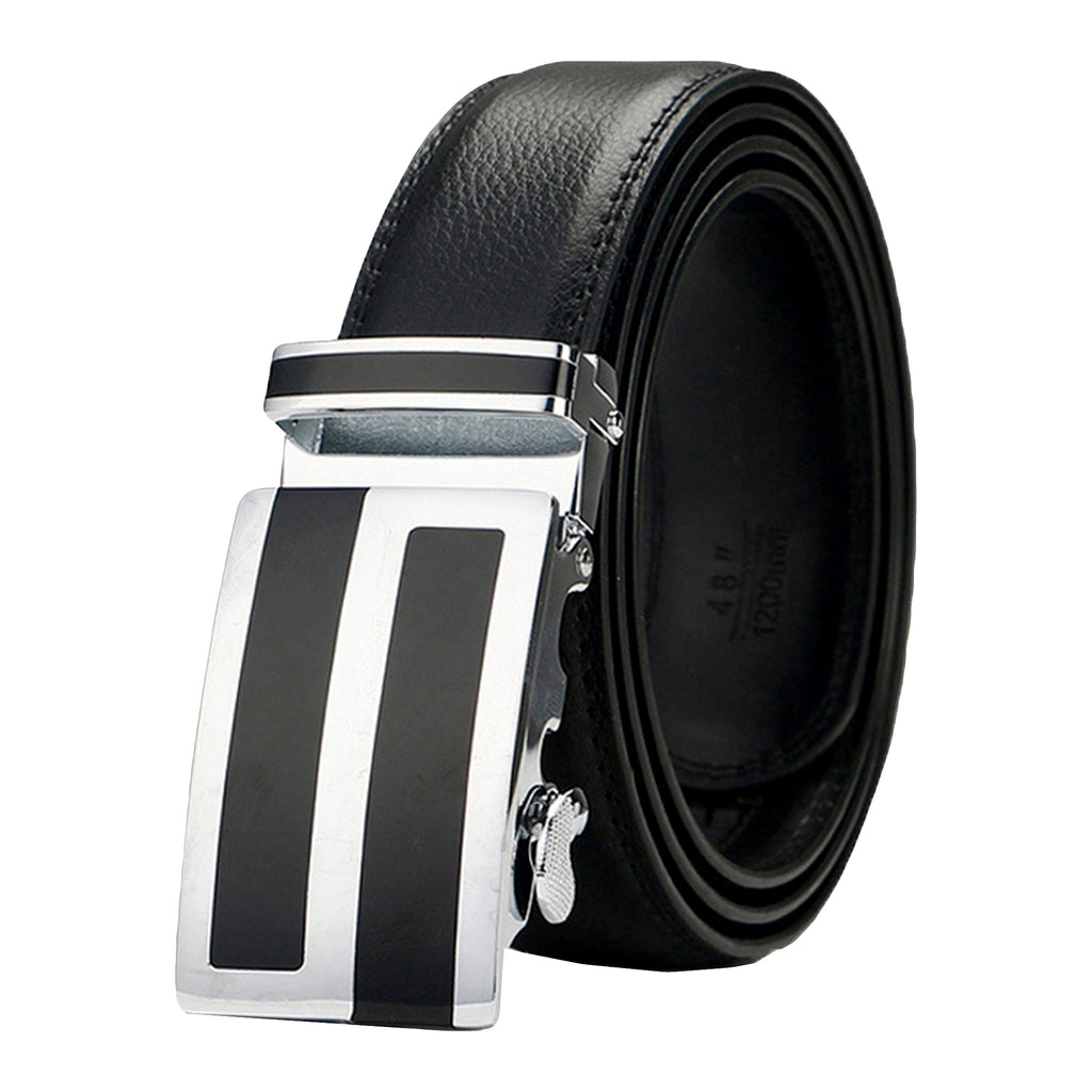 QHA Mens 35mm Ratchet Leather Belt, Silver Stripe Automatic Buckle Q5089
